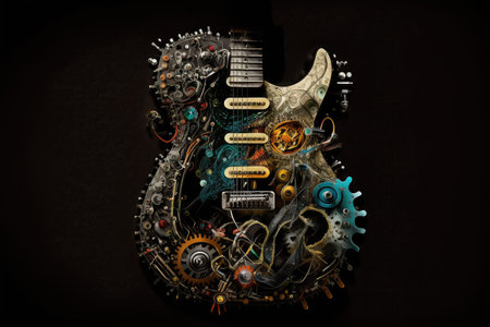 electric guitar, surrounded by mix of vintage and modern gear, on sleek black background, created with generative aiの素材