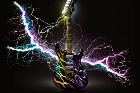 electric guitar, with lightning bolt design and multicolored strings against black background, created with generative aiの素材