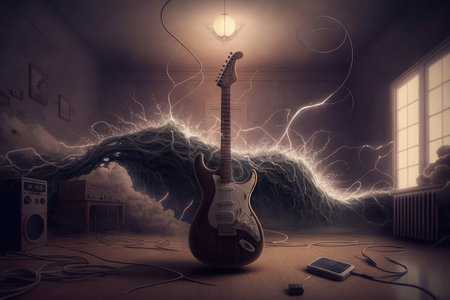 suspenseful scene, with electric guitar playing the background music, created with generative aiの素材