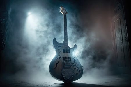 electric guitar, surrounded by lights and fog in a dark and mysterious room, created with generative aiの素材