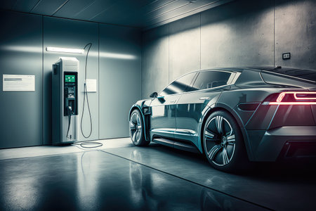 electric car charging in high-tech garage, with touchscreen and other high-tech features, created with generative aiの素材