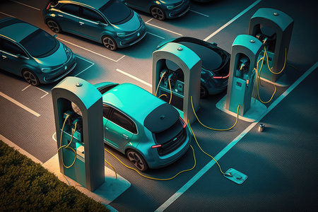 electric car charging station, with multiple electric cars plugged in and charging, created with generative aiの素材