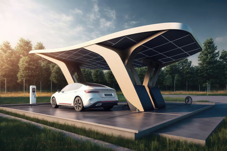 electric car charging at solar-powered station with off-grid capabilities, created with generative aiの素材