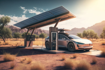 electric car charging at solar-powered station with off-grid capabilities, created with generative aiの素材