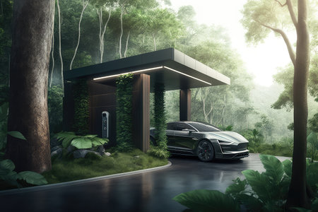 electric car charging station, surrounded by greenery and views of the outdoors, created with generative aiの素材