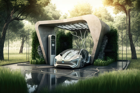 electric car charging station at futuristic park, with greenery and water features, created with generative aiの素材