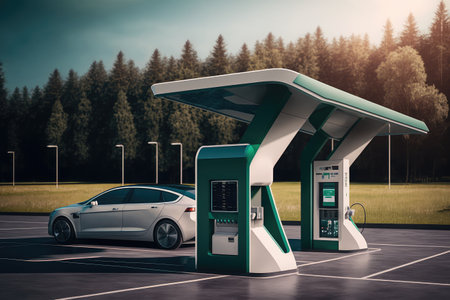 charging station with solar panels, green energy source for electric car, created with generative aiの素材