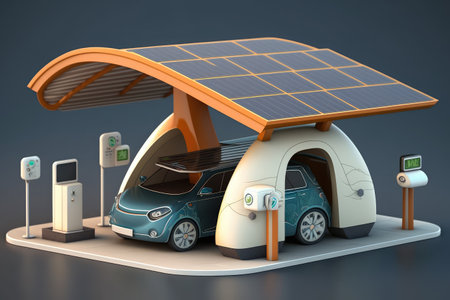 electric car charging station with solar panels on the roof, created with generative aiの素材