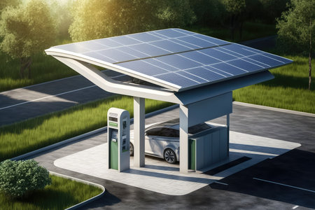 electric car charging station with solar panels on the roof, created with generative aiの素材