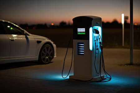 electric car charging station with built-in lamp for nighttime use, created with generative aiの素材