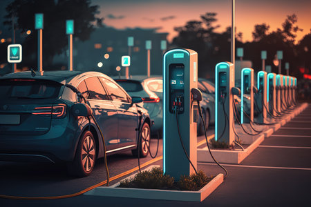 electric car charging station with row of vehicles in the background, created with generative aiの素材