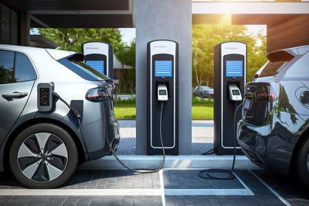 electric car charging station, with multiple vehicles plugged in and charging, created with generative aiの素材