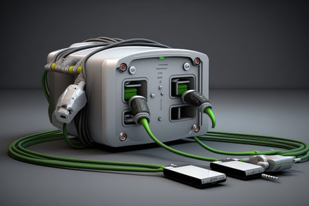 high-speed charger, with multiple connectors and cables, ready to give an electric car a boost of power, created with generative aiの素材