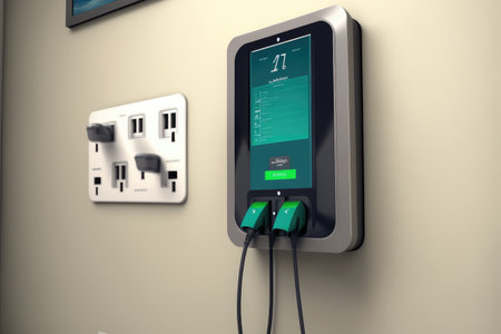 electric car charging station, with smartphone and tablet mounted on the wall for easy access, created with generative aiの素材