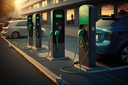 electric car charging station, with multiple cars plugged in and charging, created with generative aiの素材