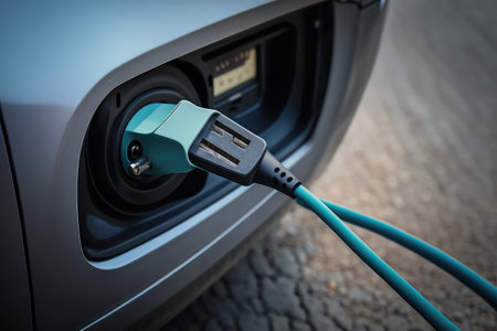 close-up of charging cable plugged into electric car, created with generative aiの素材