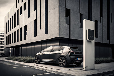 electric car, with charging cable and plug visible, parked outside of modern office building, created with generative aiの素材