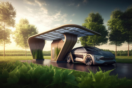 electric car charging station in a futuristic landscape, with solar panels and greenery, created with generative aiの素材