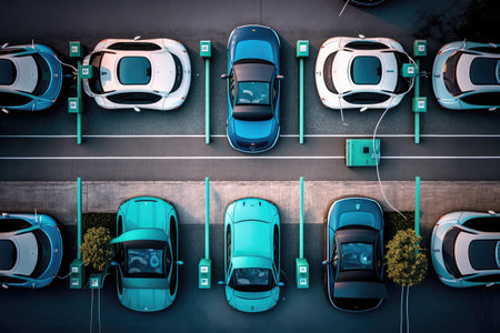 electric car charging station, with overhead view of cars being plugged in and charged, created with generative aiの素材