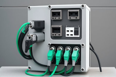 electric car charging station, with different types of connectors and cables ready for use, created with generative aiの素材