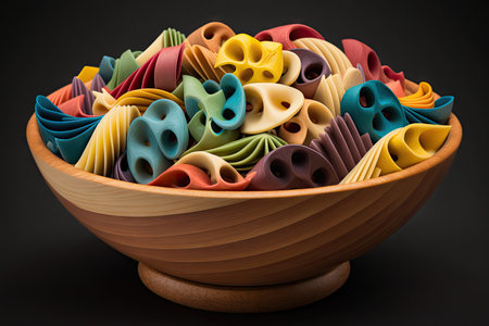 colorful mix of dry pastas in wooden bowl, created with generative aiの素材