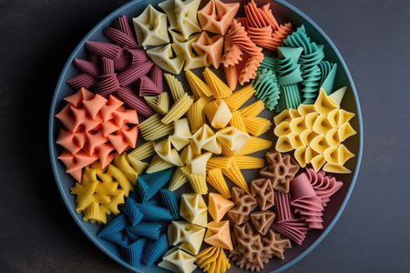 plate of neatly arranged dry pasta shapes in different colors, created with generative aiの素材