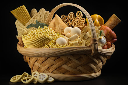 basket full of different pastas in a variety of shapes and sizes, created with generative aiの素材