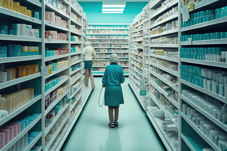person, navigating the aisles of drugstore, searching for specific medical supplies, created with generative aiの素材
