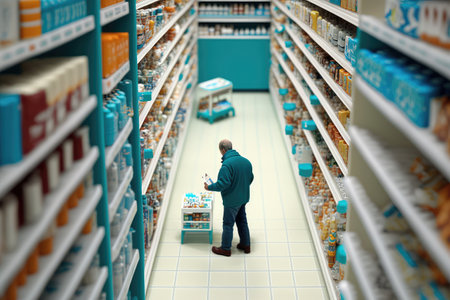 person, navigating the aisles of drugstore, searching for specific medical supplies, created with generative aiの素材