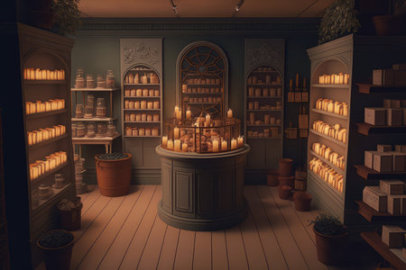 a drugstore with rows of fragrant candles and soothing music, created with generative aiの素材