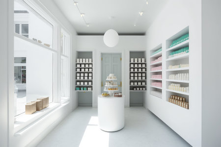 a tranquil white space, filled with natural light and a variety of drugstore products, created with generative aiの素材