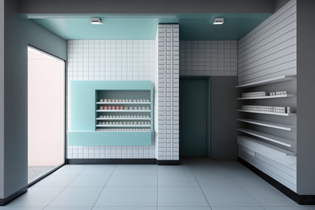 a modern drugstore with sleek lines and a minimalist design aesthetic, created with generative aiの素材