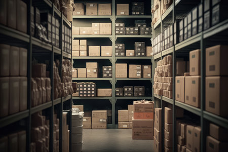 stockroom, with rows of products and boxes on shelves, created with generative aiの素材