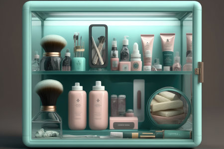glass display case filled with beauty products, including hair and skin care items, created with generative aiの素材