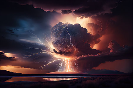 dramatic thunderstorm with lightning strikes, illuminating cloud formations and dramatic skies, created with generative aiの素材