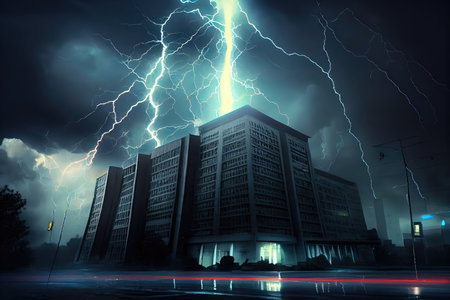 dramatic thunderstorm with lightning striking nearby building, creating dramatic scene, created with generative aiの素材