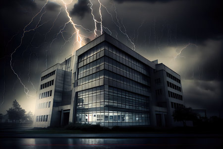 dramatic thunderstorm with lightning striking nearby building, creating dramatic scene, created with generative aiの素材