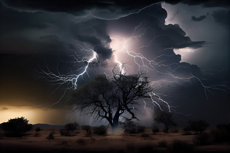 dramatic thunderstorm, with lightning striking trees in the background, created with generative aiの素材