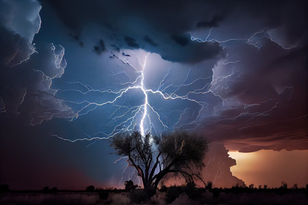 dramatic thunderstorm with lightning bolts striking nearby, viewed from safe distance, created with generative aiの素材