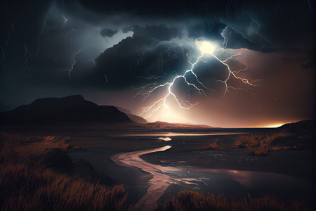 stormy night sky, with lightning flashes and thunder rolling, above dramatic landscape, created with generative aiの素材