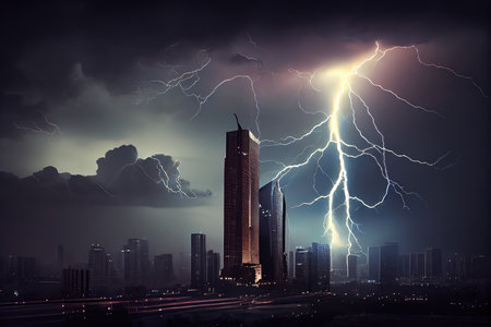 dramatic thunderstorm over city, with lightning bolt striking tall building, created with generative aiの素材