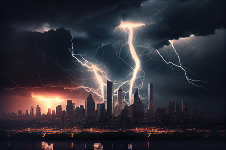 dramatic thunderstorm over city, with lightning striking buildings and storm clouds rolling in the sky, created with generative aiの素材