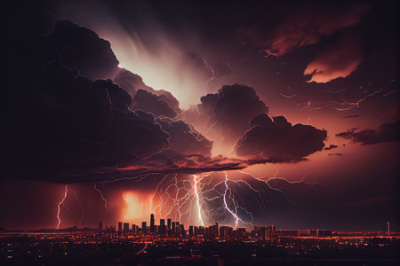 dramatic thunderstorm over city, with lightning striking buildings and storm clouds rolling in the sky, created with generative aiの素材