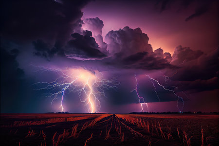 dramatic thunderstorm with lightning bolts striking the ground in the distance, created with generative aiの素材