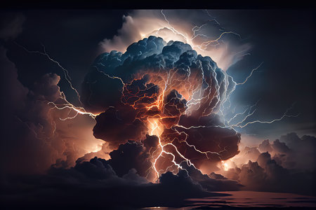 dramatic thunderstorm over busy cityscape, with lightning and rain creating a chaotic atmosphere, created with generative aiの素材