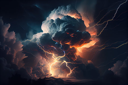 close-up of storm cloud, with lightning flashing and thunder rolling, created with generative aiの素材