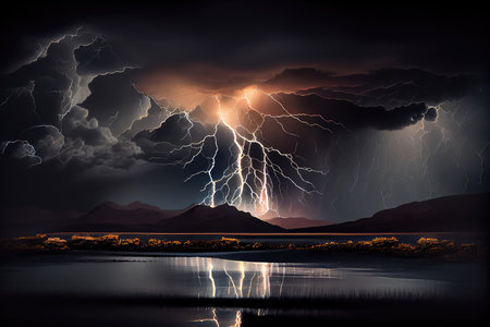 dramatic thunderstorm, with lightning bolts and water droplets visible against black sky, created with generative aiの素材