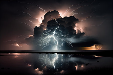 dramatic thunderstorm, with lightning bolts and water droplets visible against black sky, created with generative aiの素材