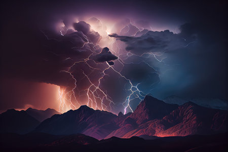 dramatic thunderstorm over mountain range, with lightning bolts striking the peaks, created with generative aiの素材