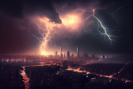 dramatic thunderstorm, with lightning flashes and heavy rain, in cityscape, created with generative aiの素材